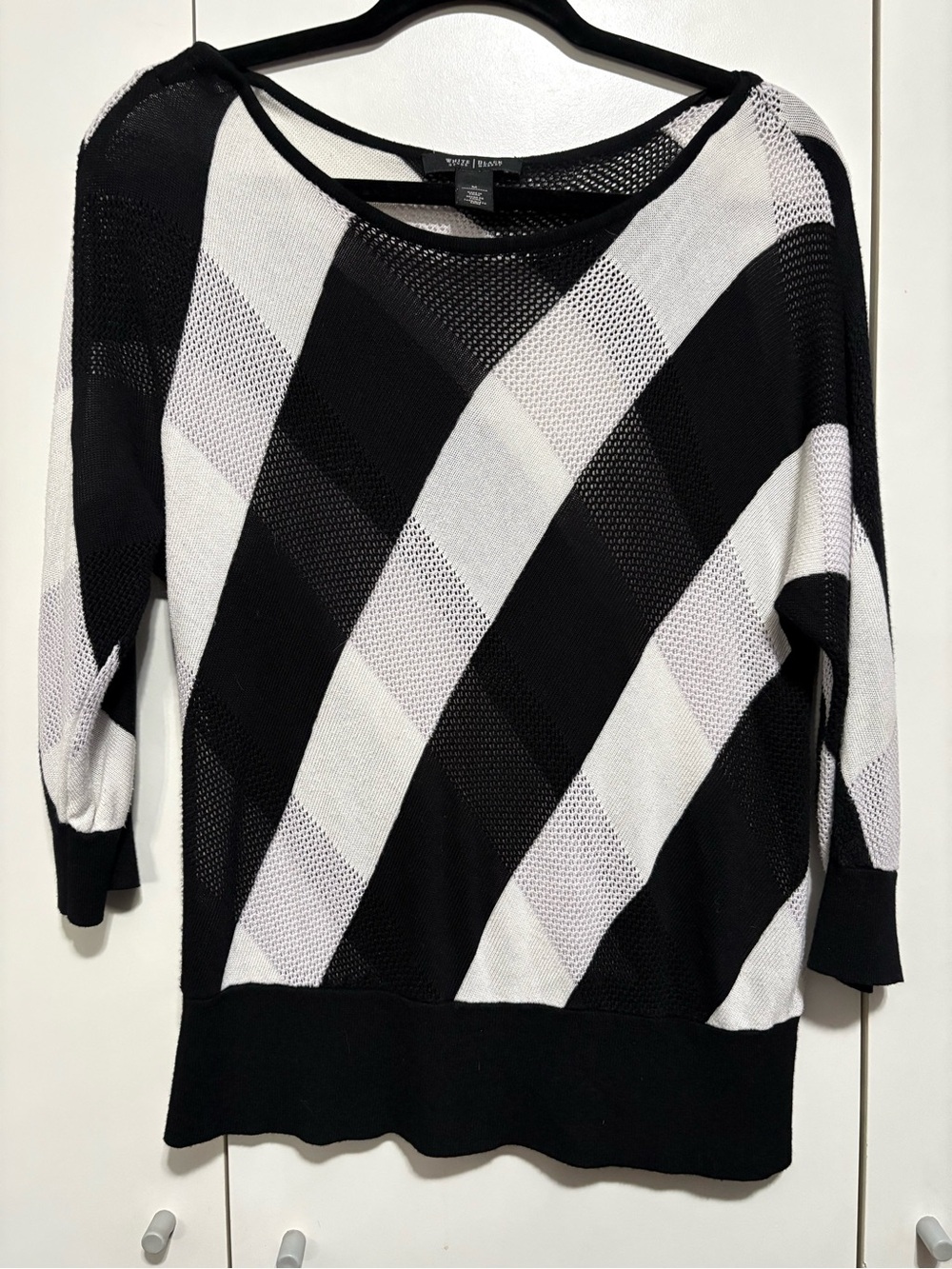 White House Black Market Black & White Diagonal Stripe Knit Top